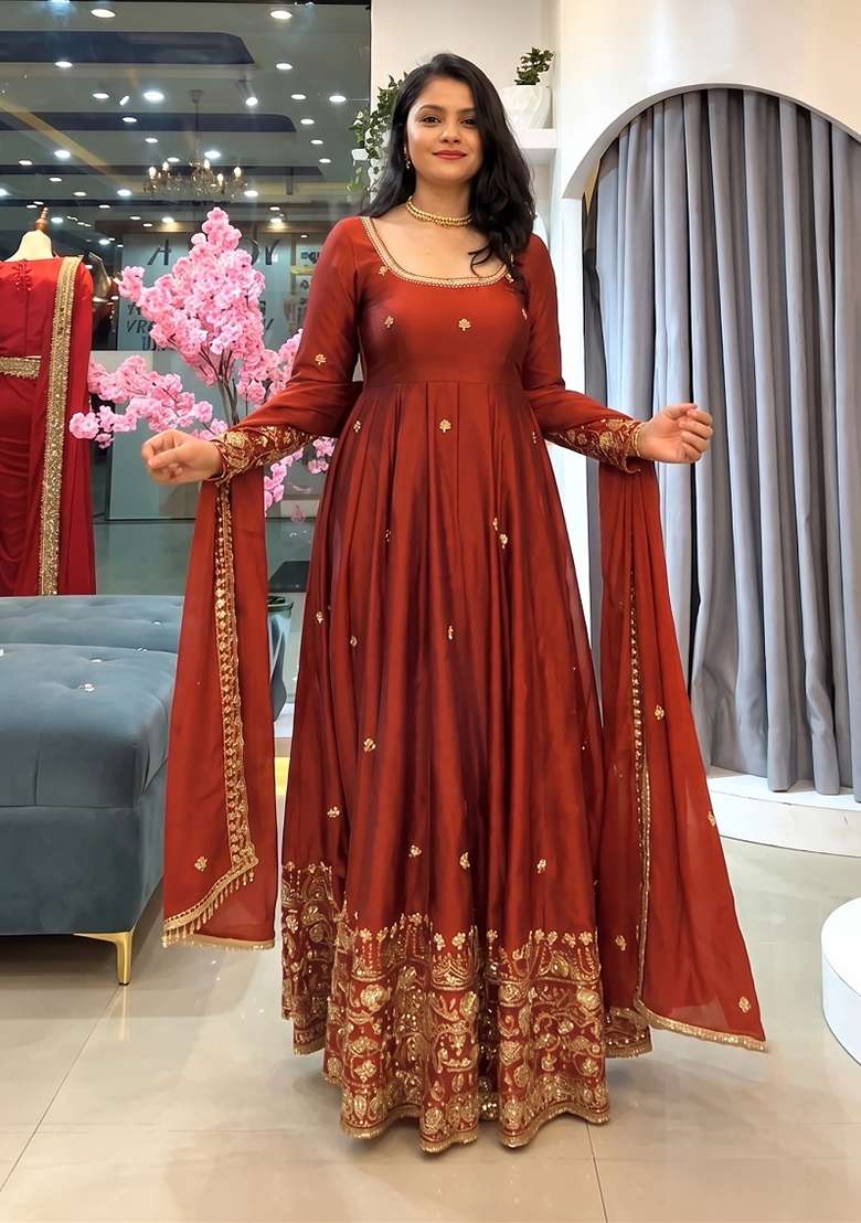 Orange Embroidery Silk Kurta Set - Indya