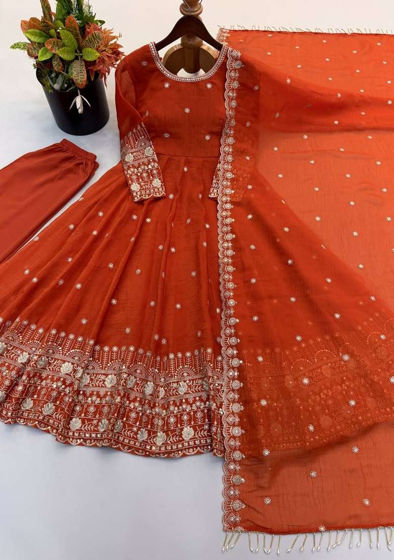 Orange Embroidery Silk Kurta Set - Indya
