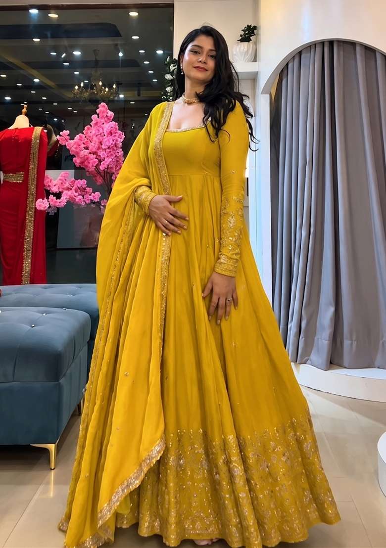 Yellow Embroidery Silk Kurta Set - Indya