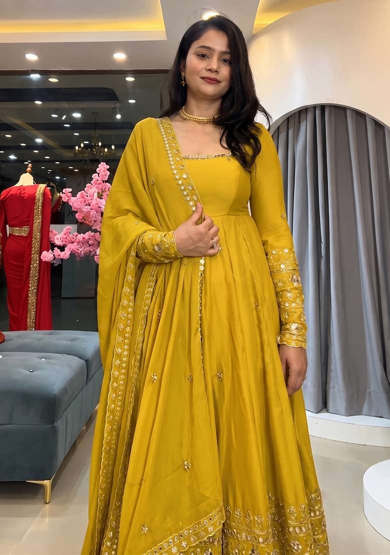 Yellow Embroidery Silk Kurta Set - Indya