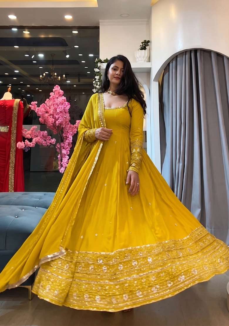 Yellow Embroidery Silk Kurta Set - Indya