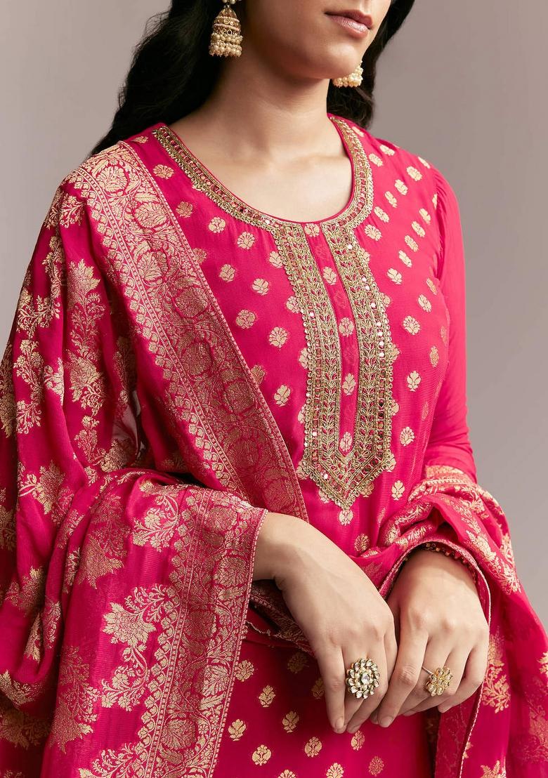 Rani Pink Woven Design Silk Kurta Set - Indya