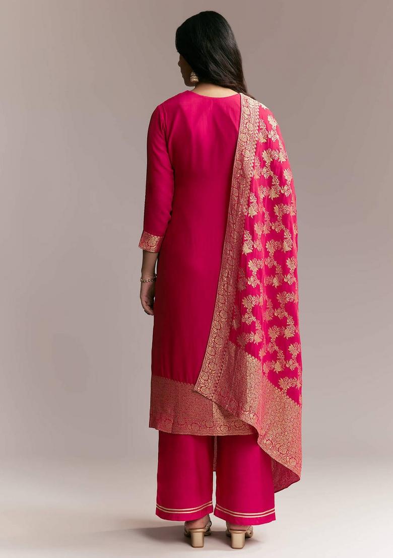 Rani Pink Woven Design Silk Kurta Set - Indya