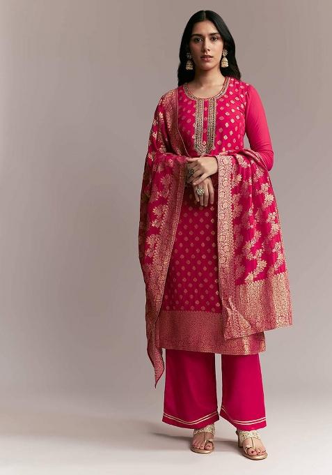 Rani Pink Woven Design Silk Kurta Set