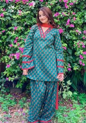Green Printed Crepe Kurta Set