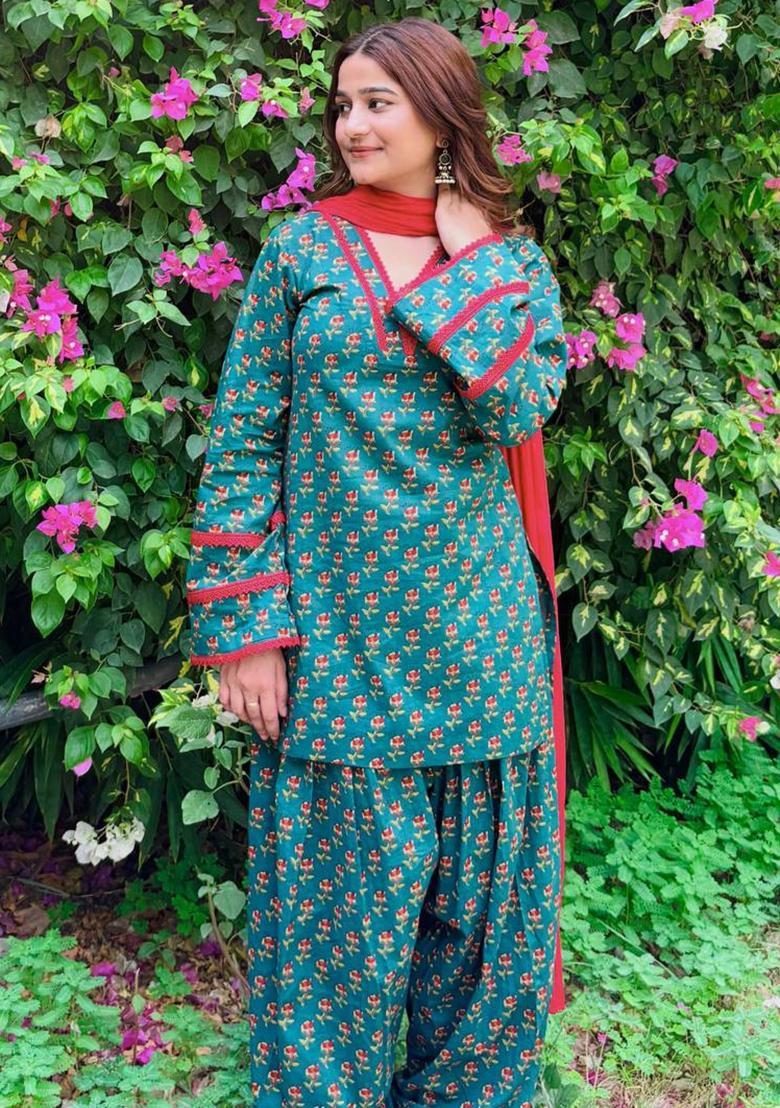 Green Printed Crepe Kurta Set - Indya