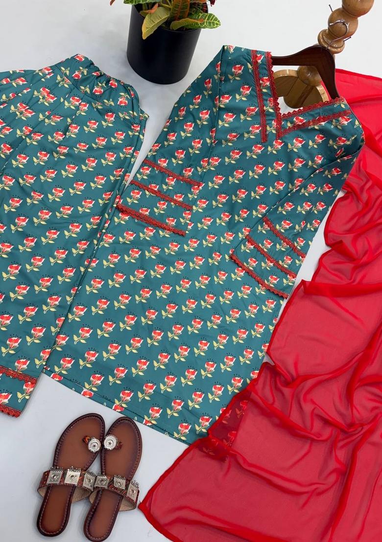 Green Printed Crepe Kurta Set - Indya