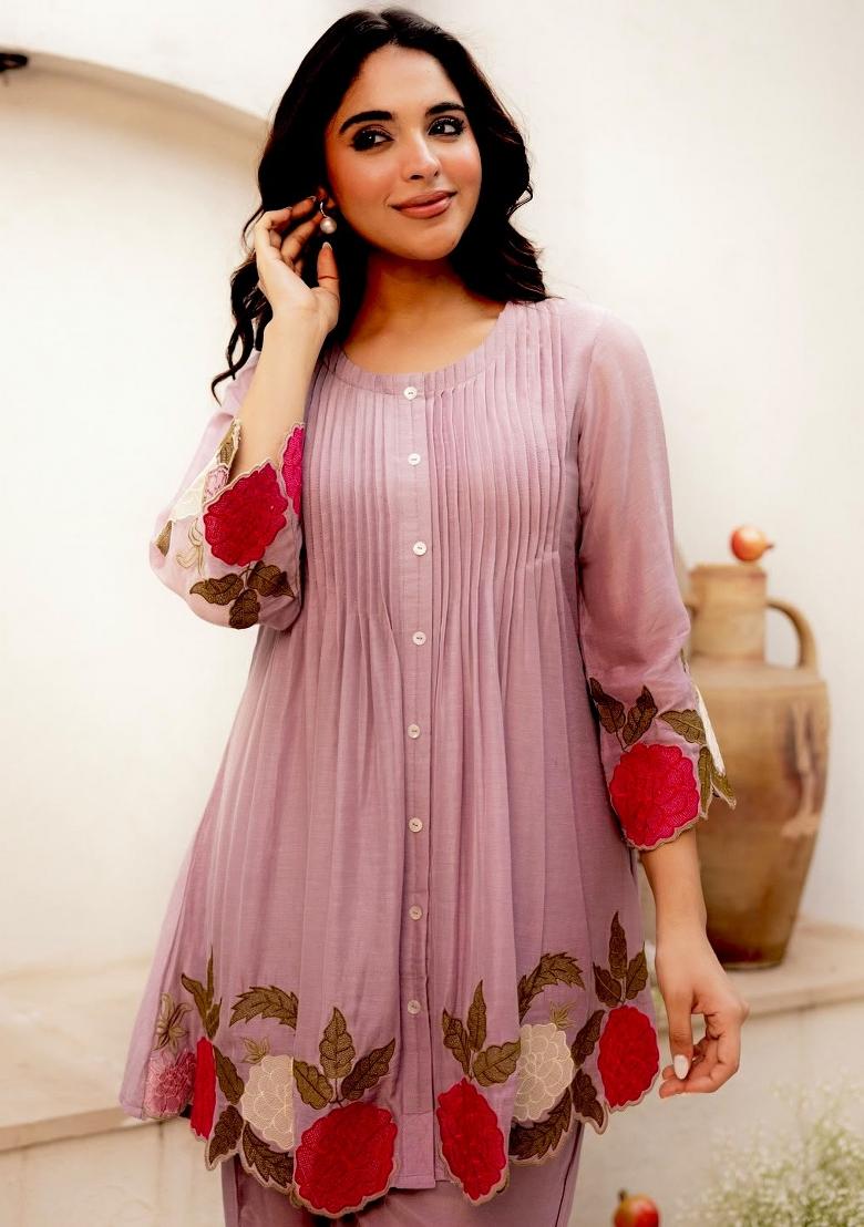 Pink Embroidery Cotton Kurta Set - Indya