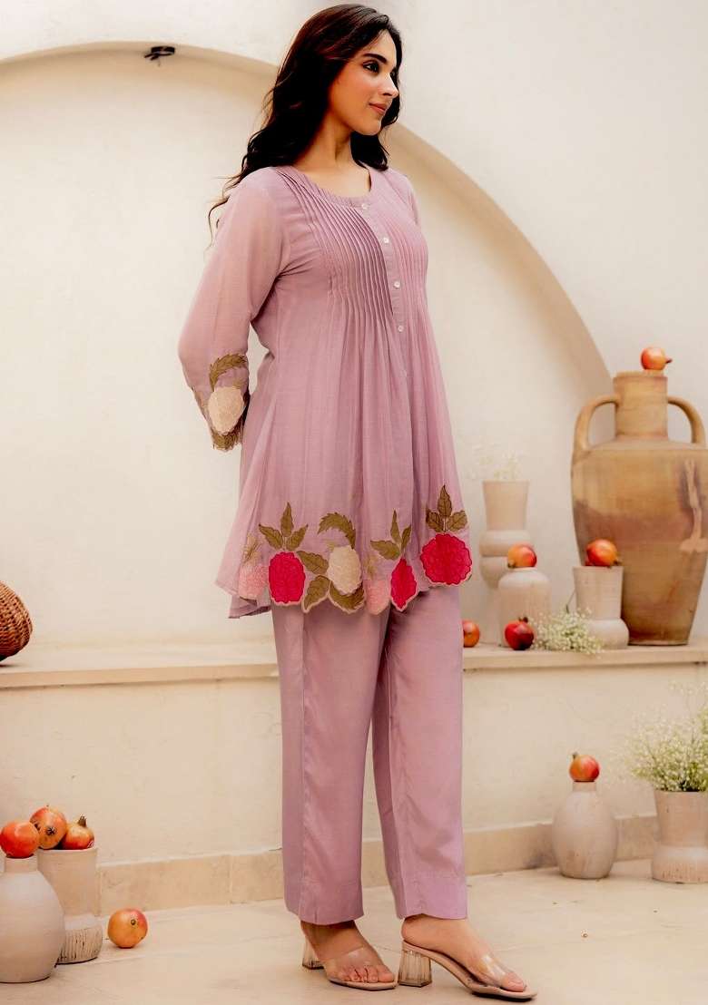 Pink Embroidery Cotton Kurta Set - Indya