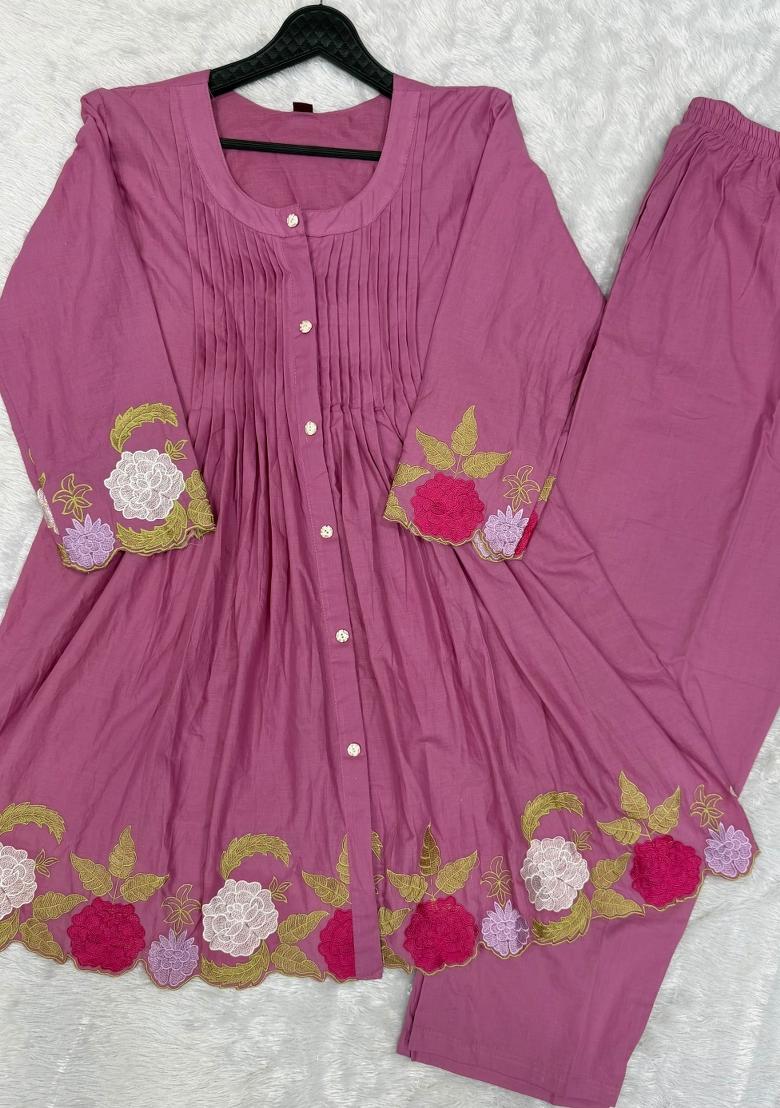 Pink Embroidery Cotton Kurta Set - Indya