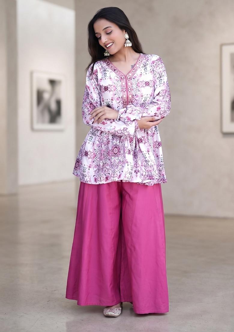 Pink Printed Silk Kurta Set - Indya