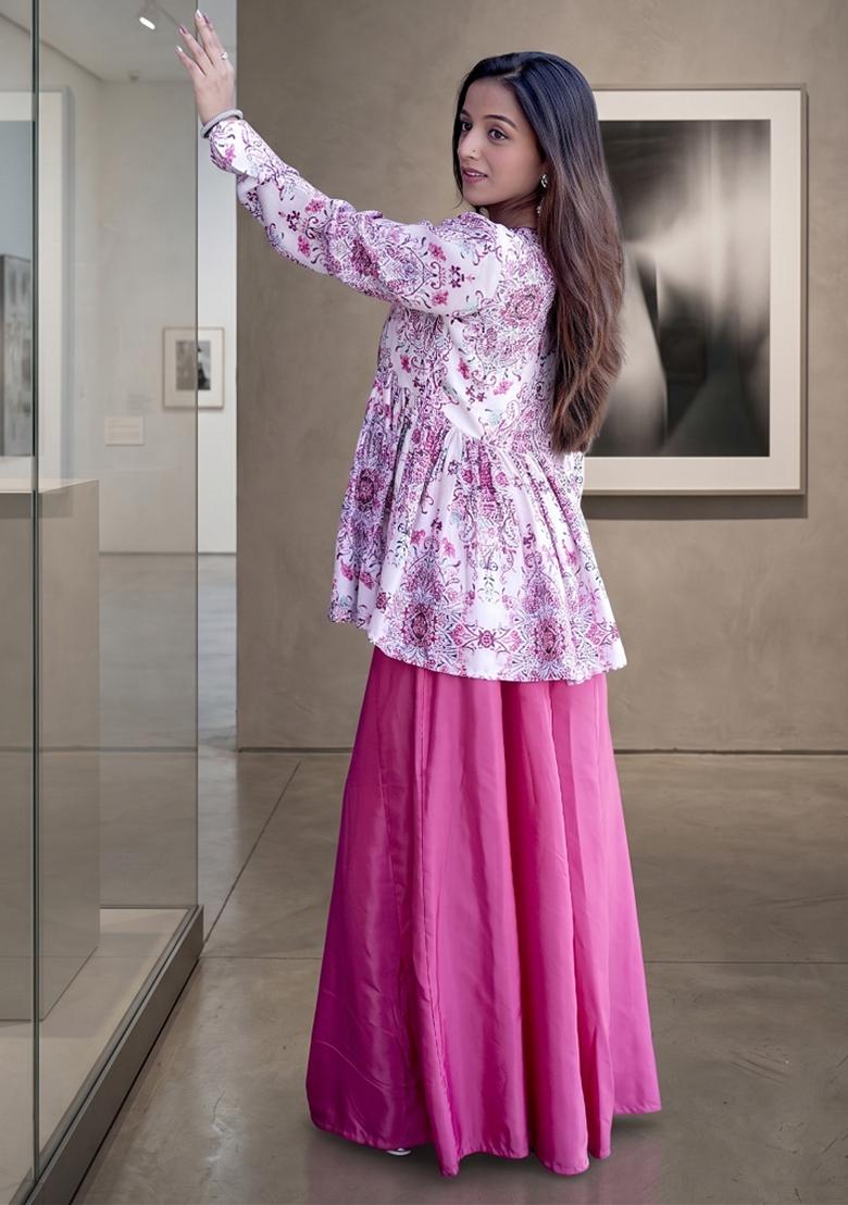 Pink Printed Silk Kurta Set - Indya