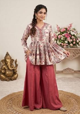Red Printed Silk Kurta Set