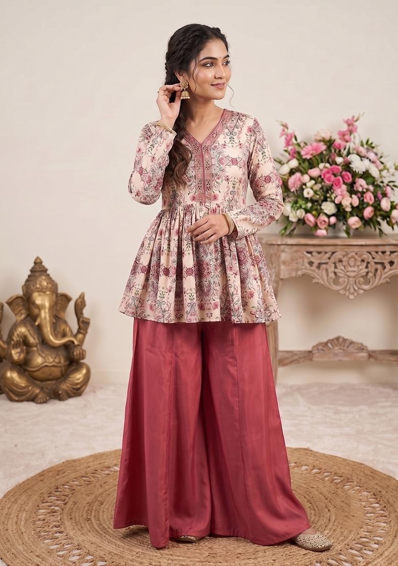 Red Printed Silk Kurta Set - Indya