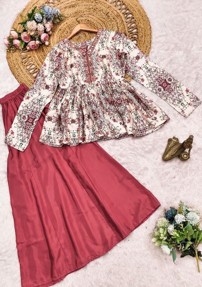 Red Printed Silk Kurta Set - Indya