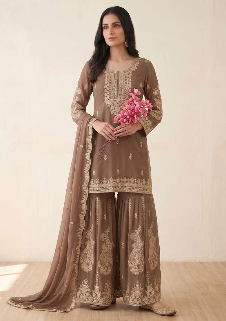 Brown Embroidery Georgette Kurta Set - Indya