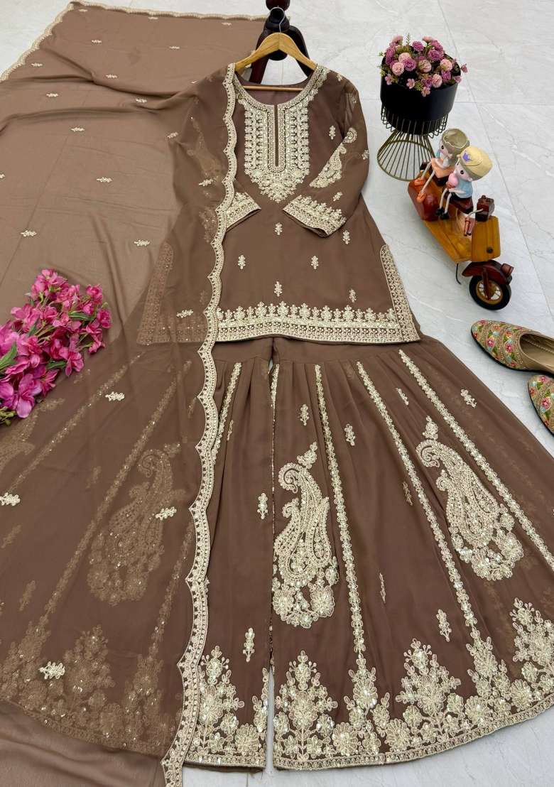 Brown Embroidery Georgette Kurta Set - Indya