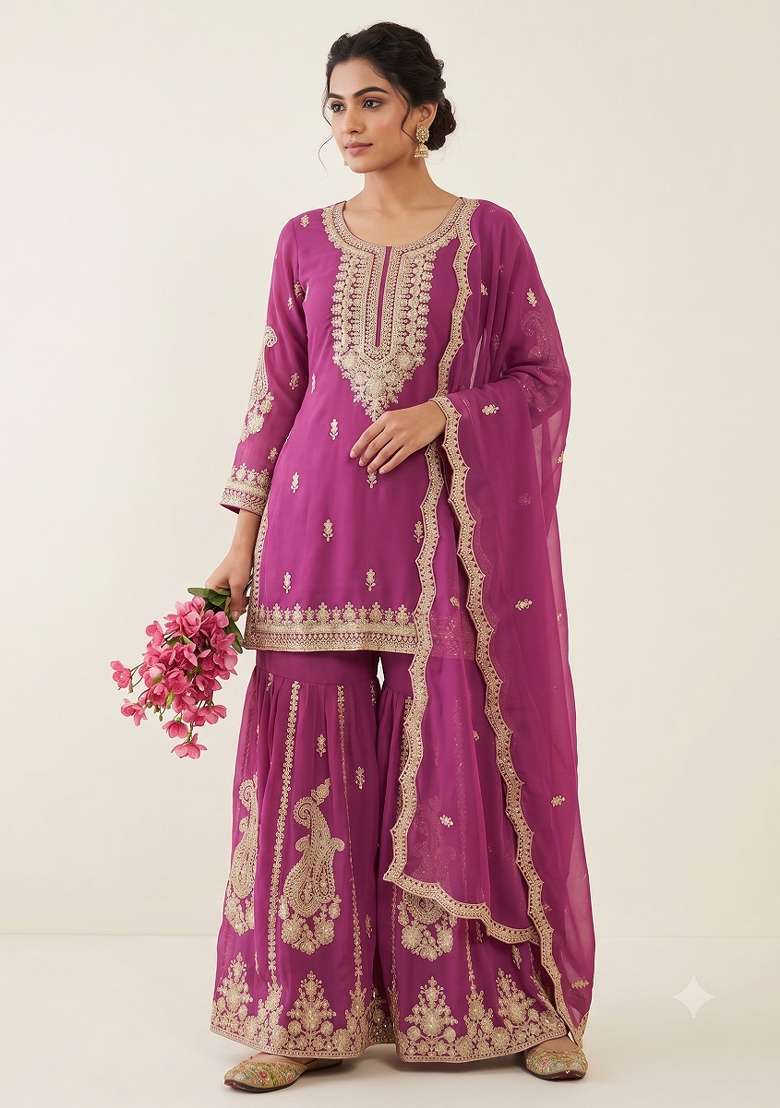 Pink Embroidery Georgette Kurta Set - Indya