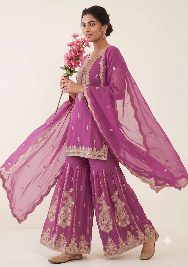 Pink Embroidery Georgette Kurta Set - Indya