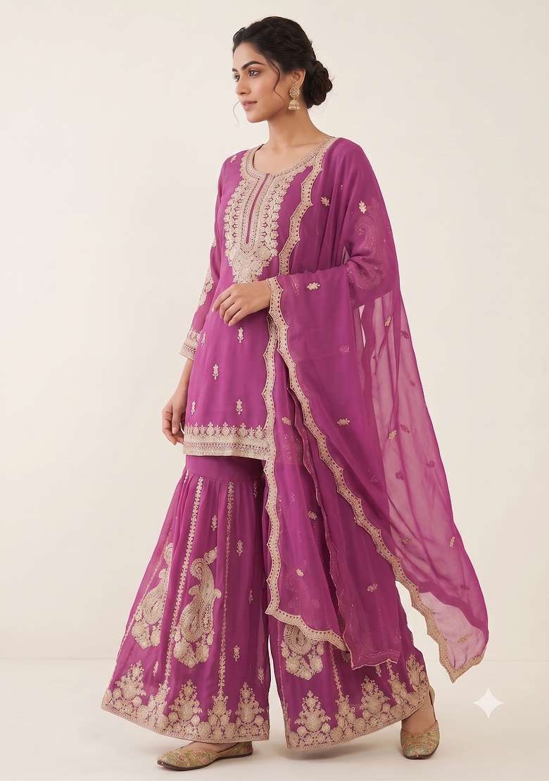 Pink Embroidery Georgette Kurta Set - Indya