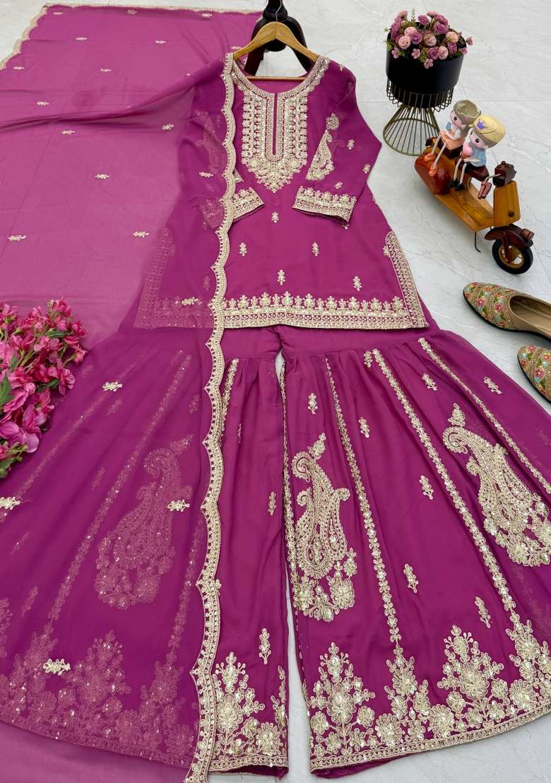 Pink Embroidery Georgette Kurta Set - Indya