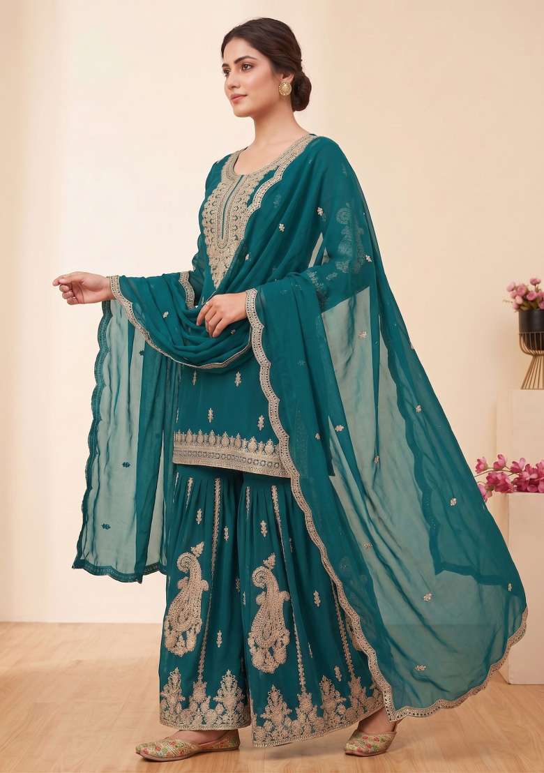 Teal Embroidery Georgette Kurta Set - Indya
