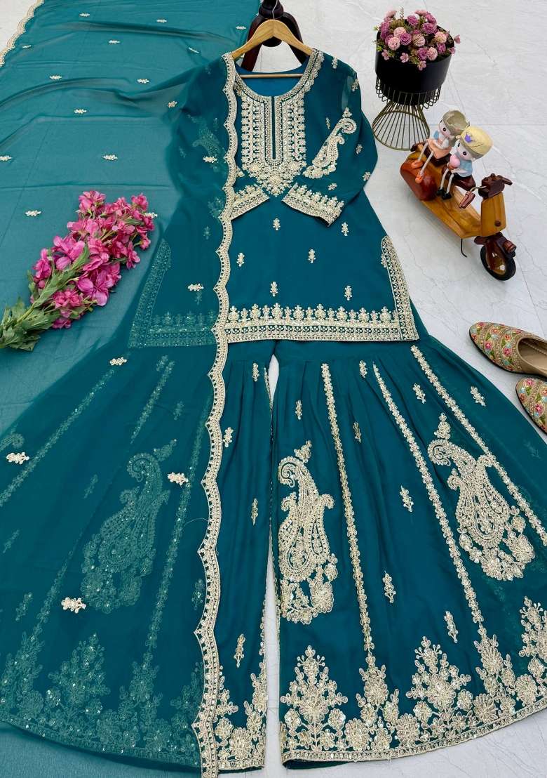 Teal Embroidery Georgette Kurta Set - Indya