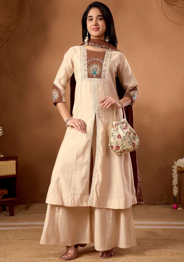 Cream Embroidery Silk Kurta Set - Indya