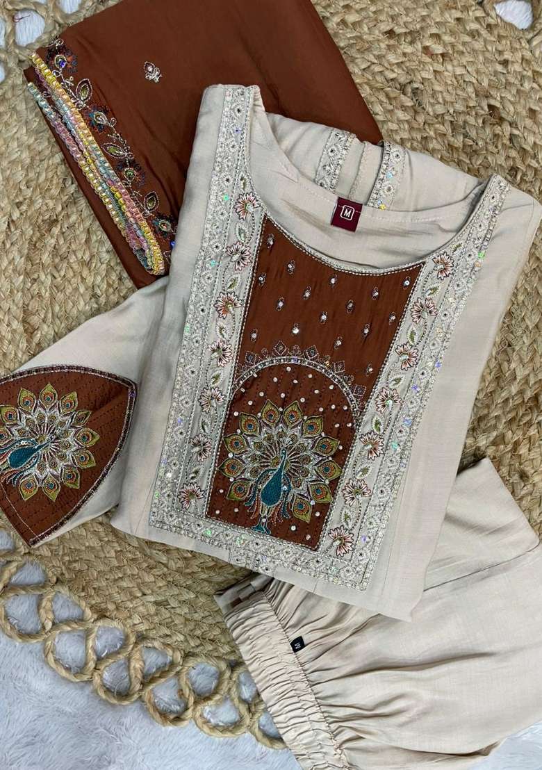 Cream Embroidery Silk Kurta Set - Indya