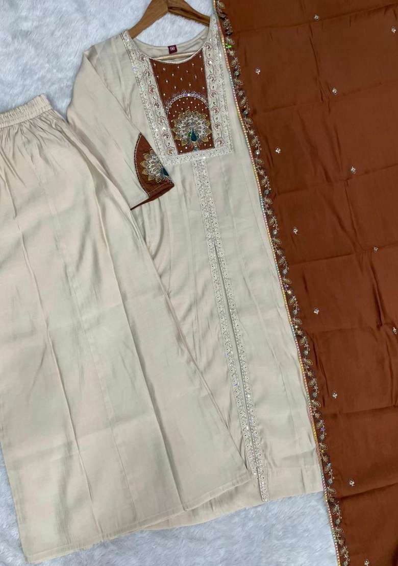 Cream Embroidery Silk Kurta Set - Indya
