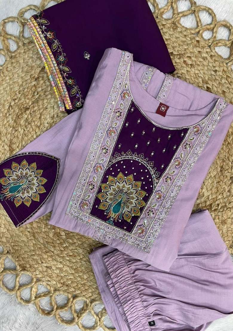 Lavender Embroidery Silk Kurta Set - Indya