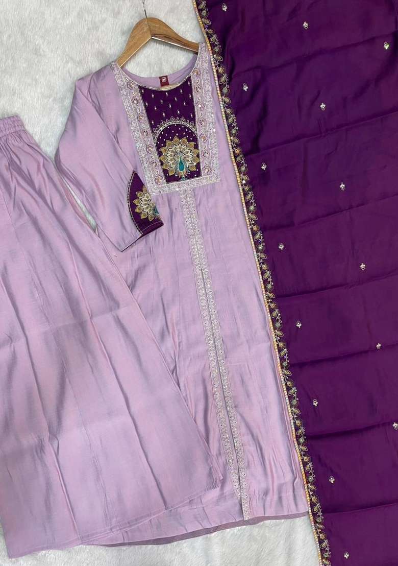 Lavender Embroidery Silk Kurta Set - Indya