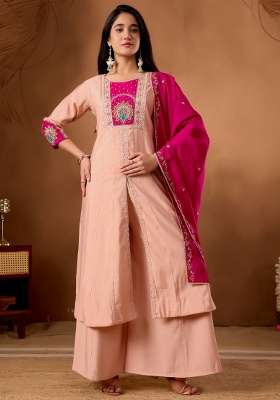 Peach Embroidery Silk Kurta Set