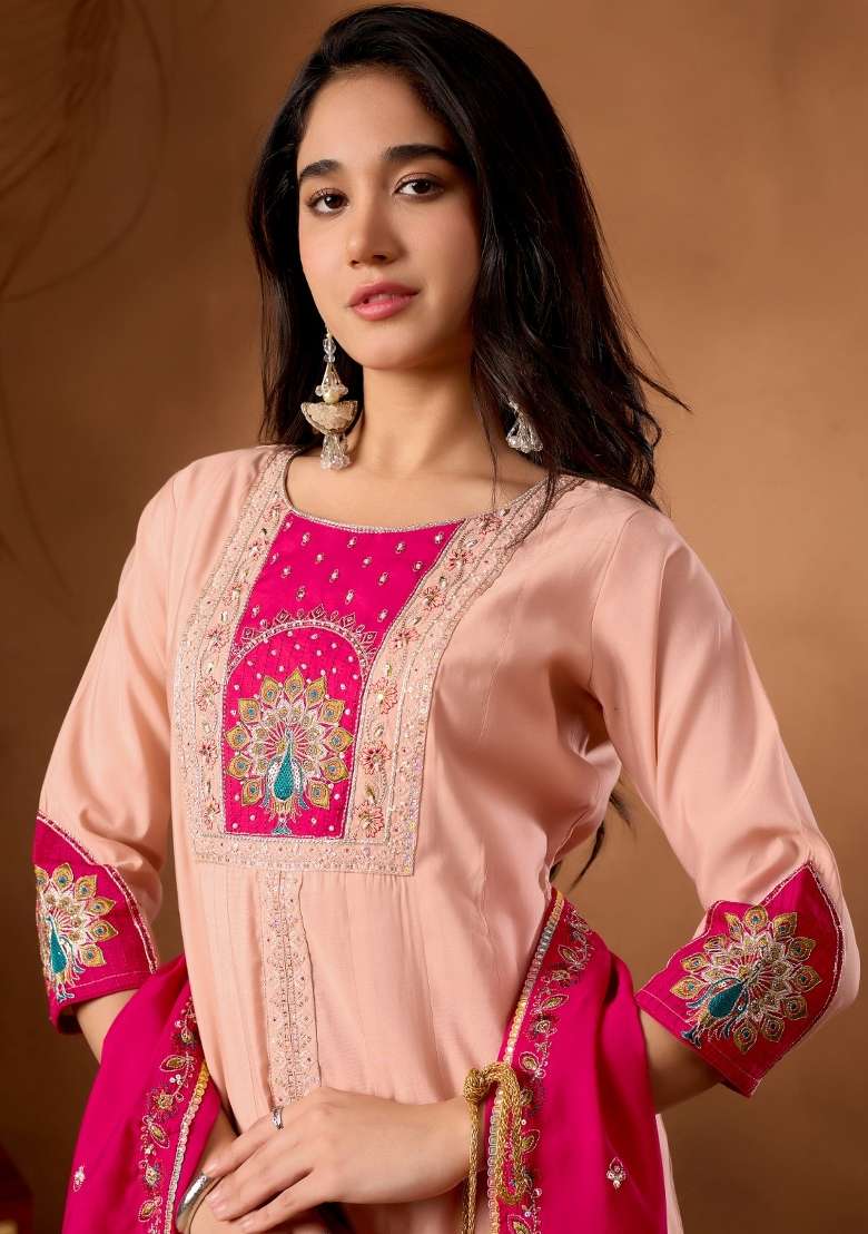 Peach Embroidery Silk Kurta Set - Indya