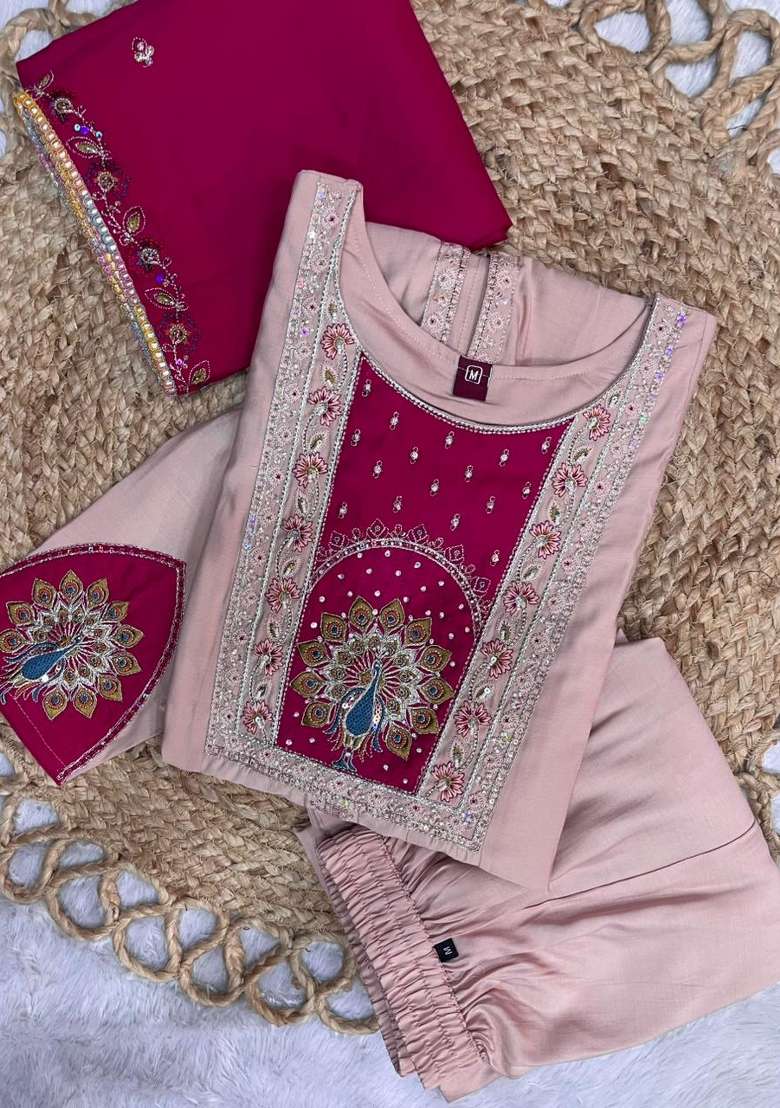Peach Embroidery Silk Kurta Set - Indya