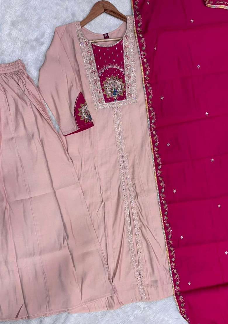 Peach Embroidery Silk Kurta Set - Indya