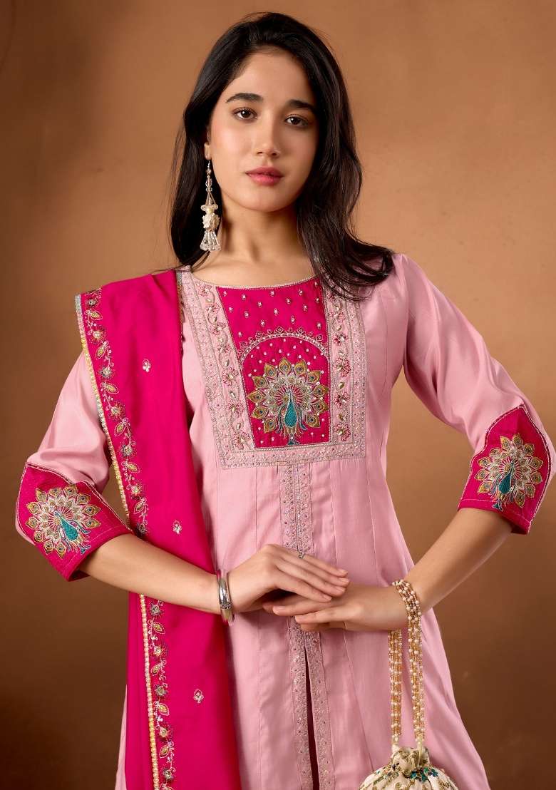 Pink Embroidery Silk Kurta Set - Indya