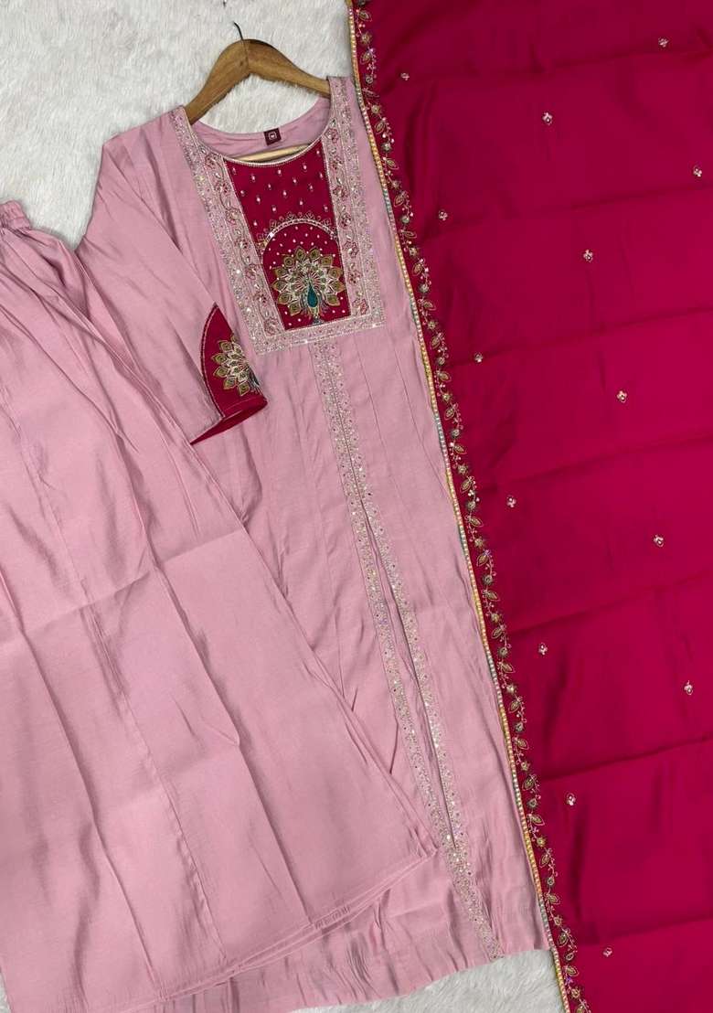 Pink Embroidery Silk Kurta Set - Indya