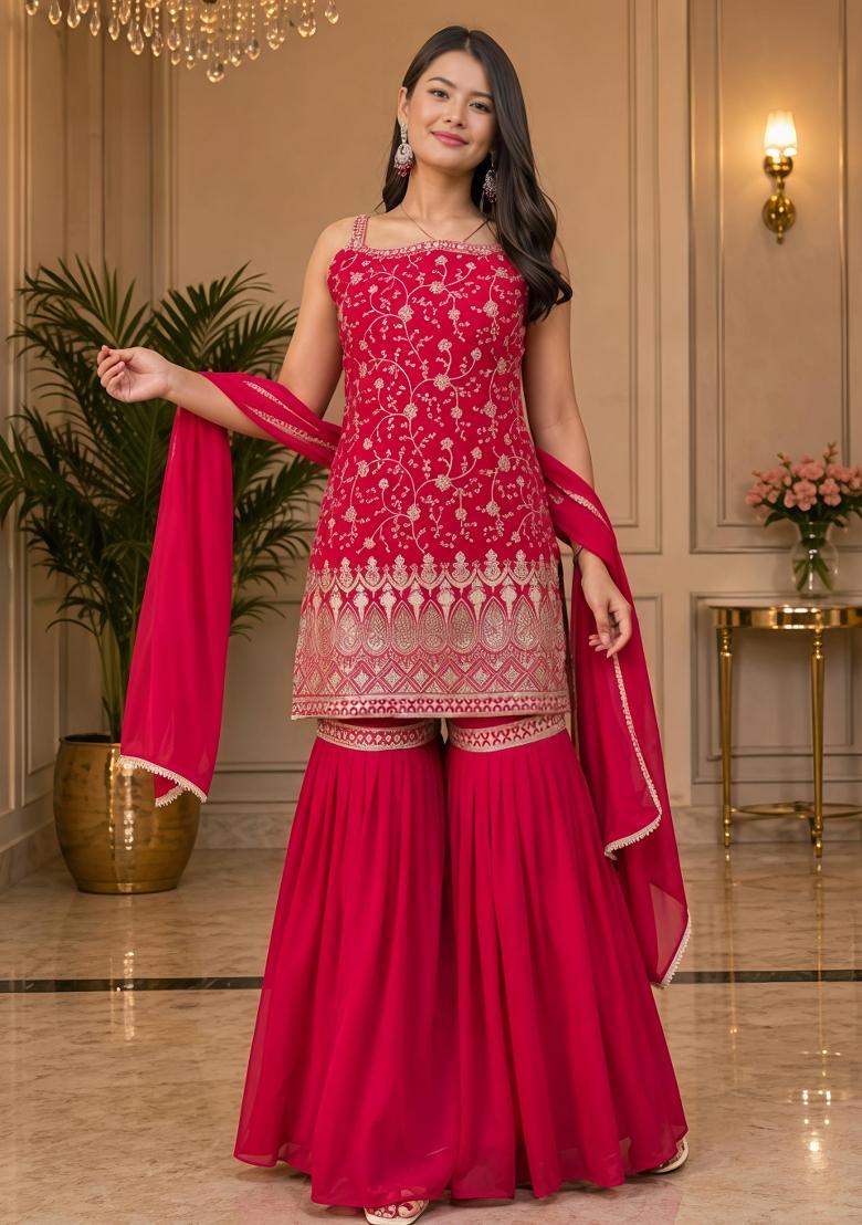 Pink Sequin Work Georgette Kurta Set - Indya