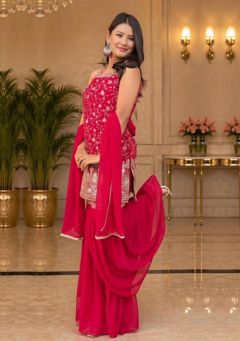 Pink Sequin Work Georgette Kurta Set - Indya