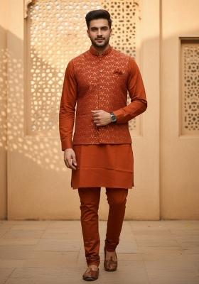 Orange Sequin Work Silk Kurta Set