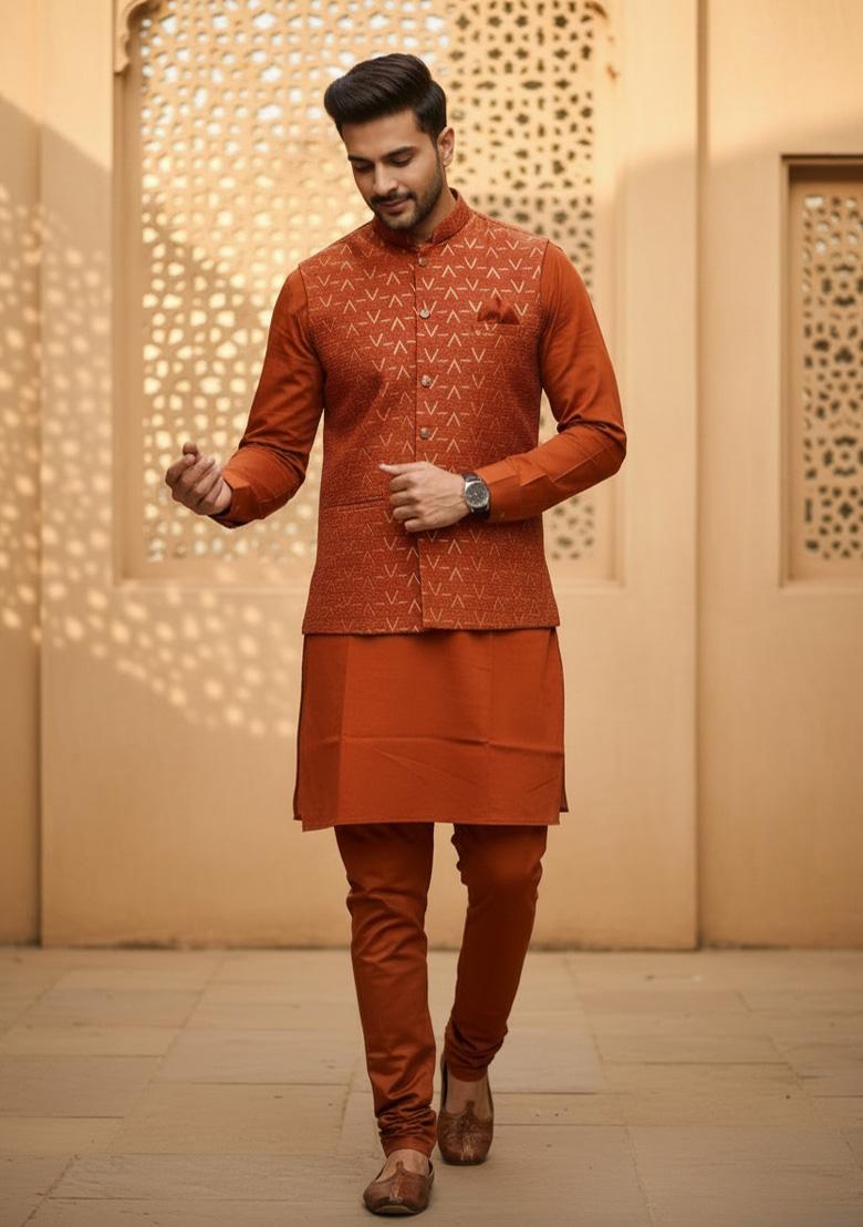 Orange Sequin Work Silk Kurta Set - Indya