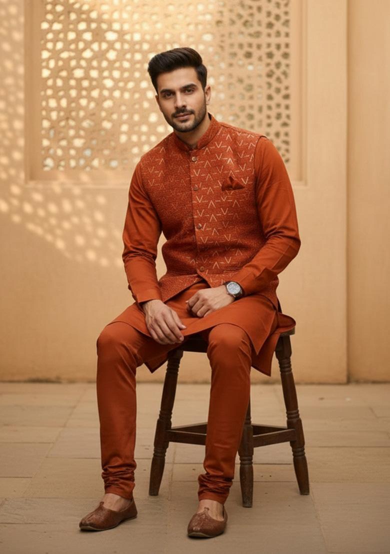 Orange Sequin Work Silk Kurta Set - Indya