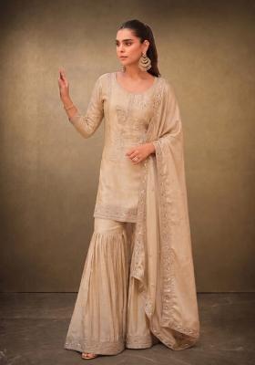 Cream Sequin Work Silk Kurta Set
