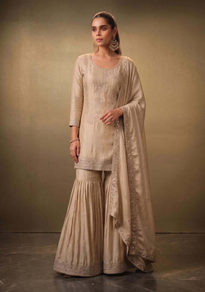 Cream Sequin Work Silk Kurta Set - Indya