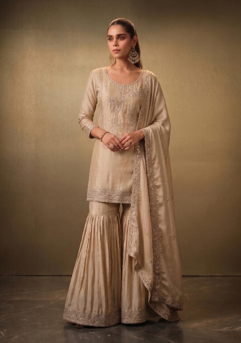 Cream Sequin Work Silk Kurta Set - Indya