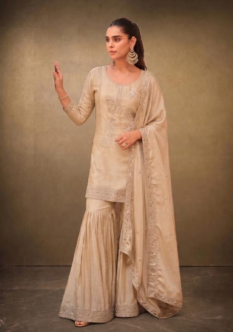 Cream Sequin Work Silk Kurta Set