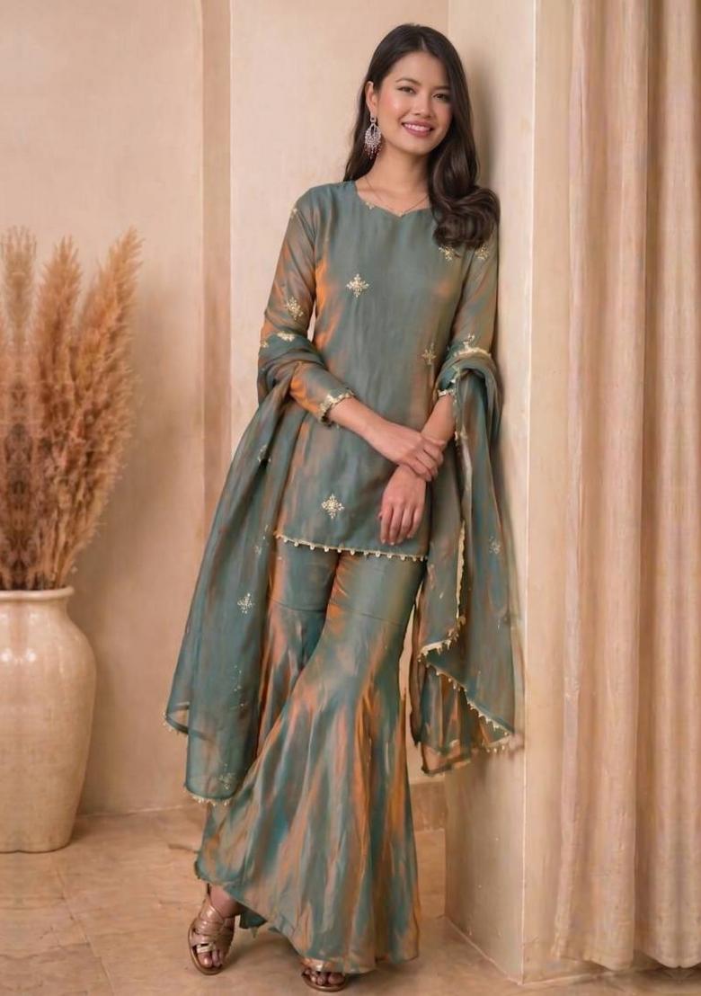 Sea Green Sequin Work Silk Kurta Set - Indya