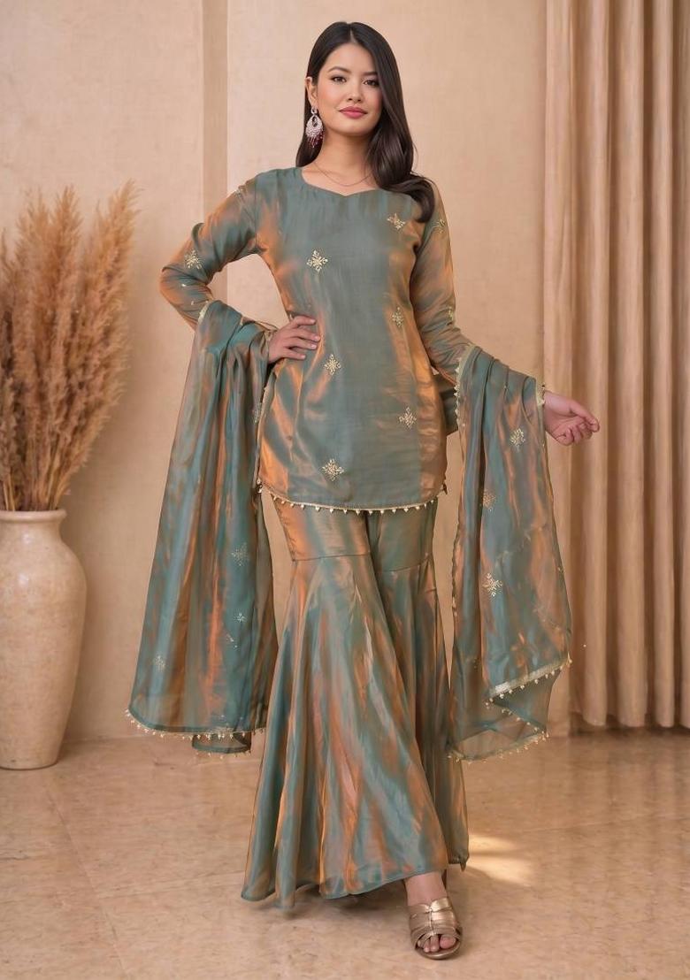 Sea Green Sequin Work Silk Kurta Set - Indya