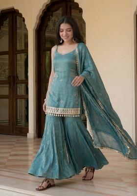 Sky Blue Sequin Work Silk Kurta Set